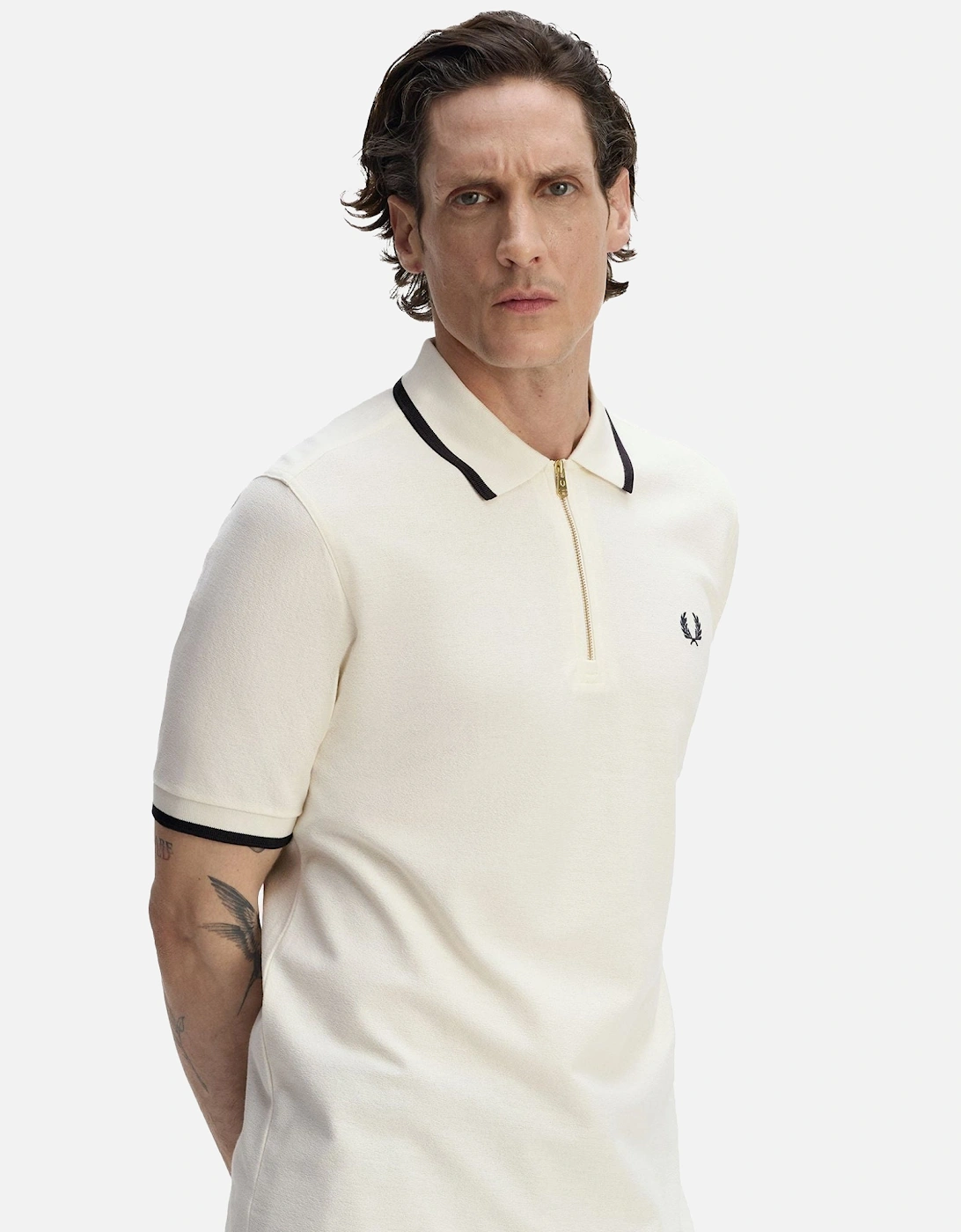 Crepe Pique Zip Neck Polo Shirt Ecru