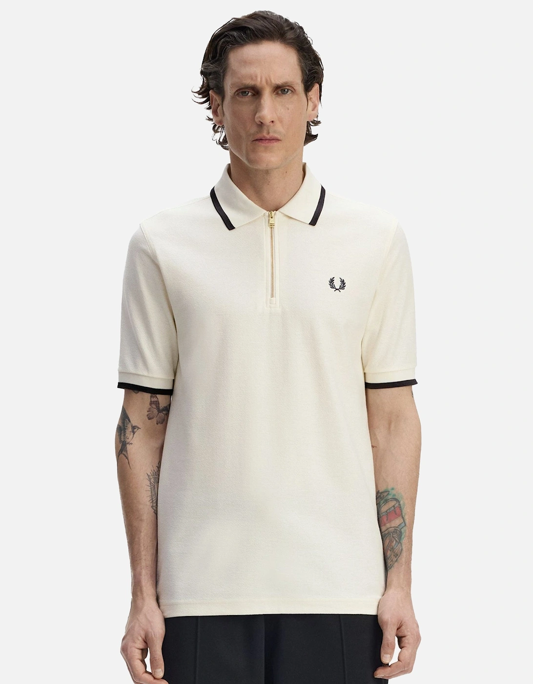 Crepe Pique Zip Neck Polo Shirt Ecru