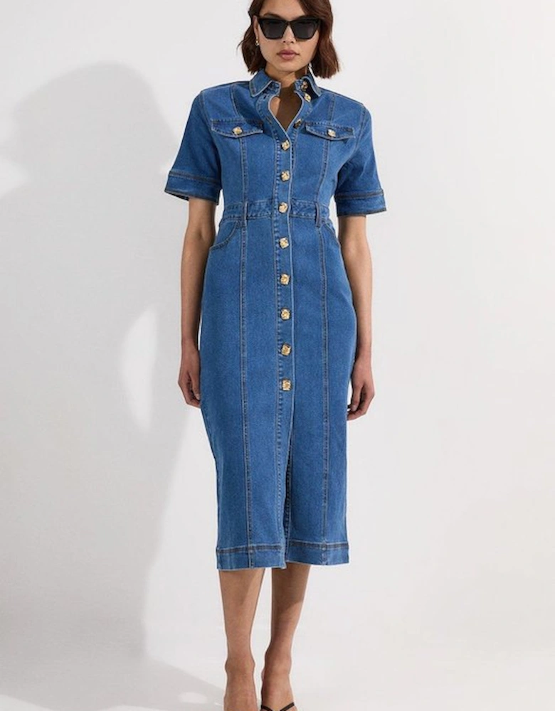 Denim Button Front Short Sleeve Pencil Midi Dress
