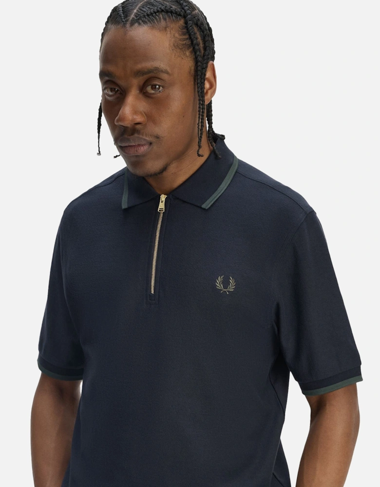 Crepe Pique Zip Neck Polo Shirt Navy