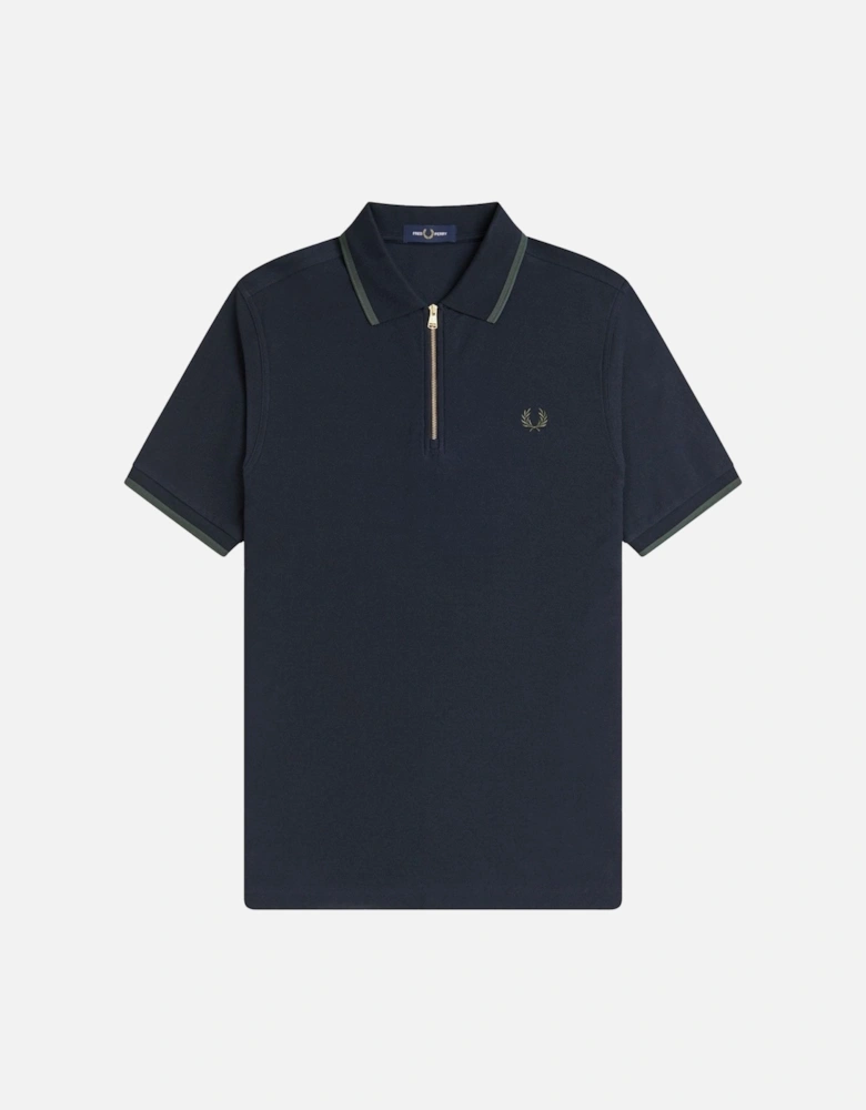 Crepe Pique Zip Neck Polo Shirt Navy