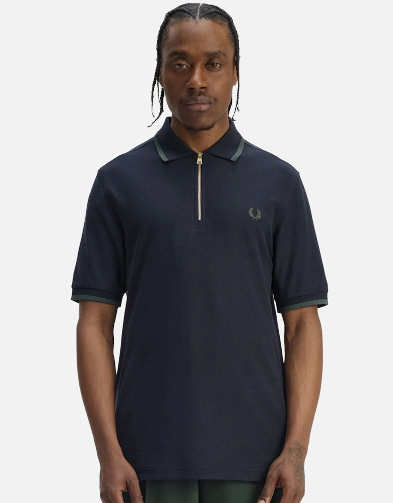 Crepe Pique Zip Neck Polo Shirt Navy