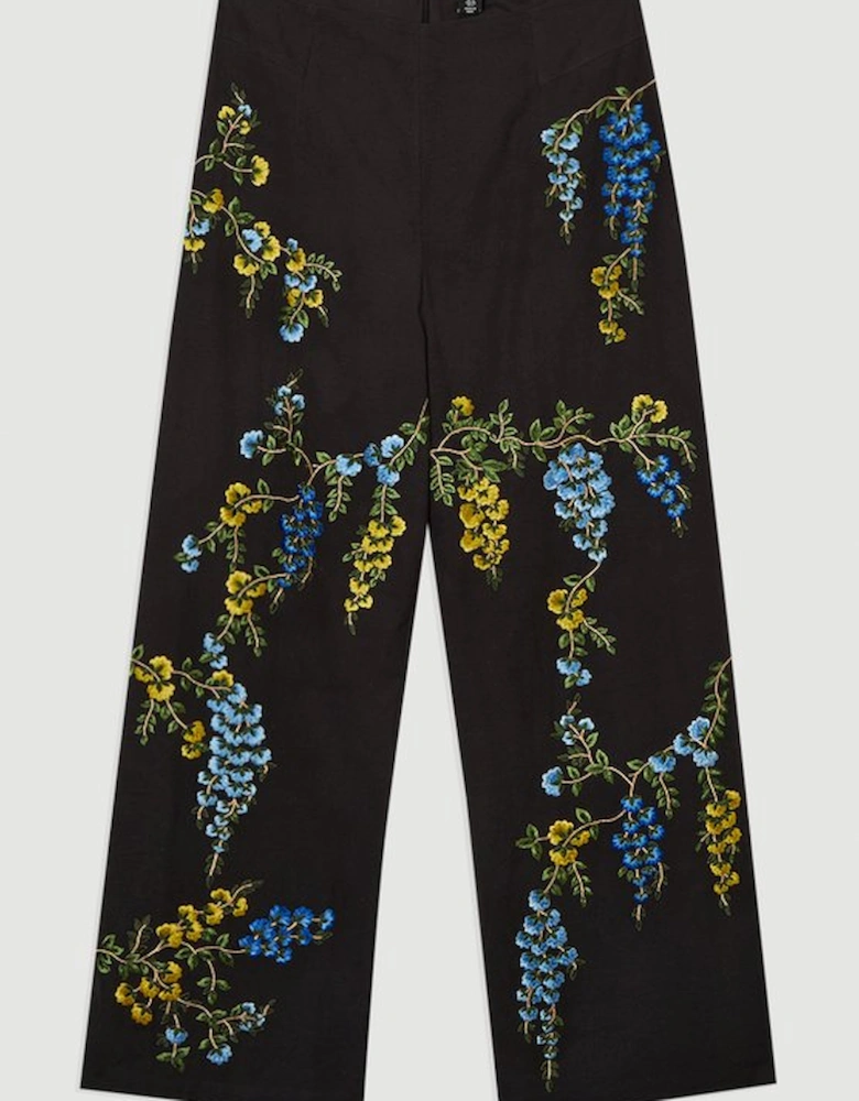 Floral Embroidered Cotton Linen Woven Wide Leg Trousers