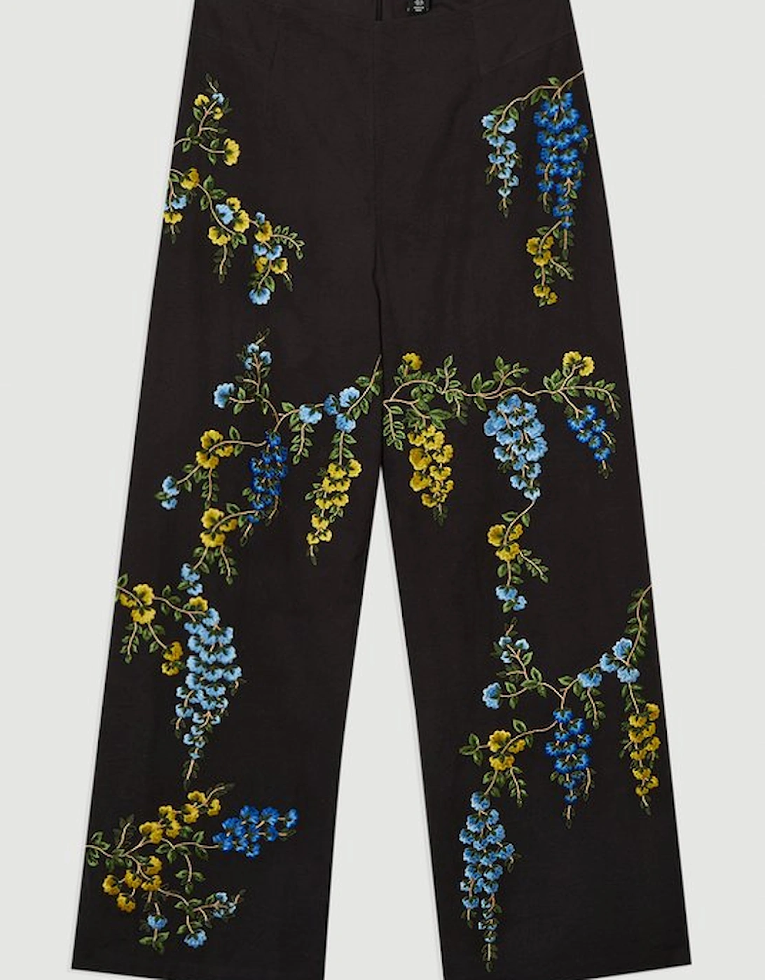 Floral Embroidered Cotton Linen Woven Wide Leg Trousers