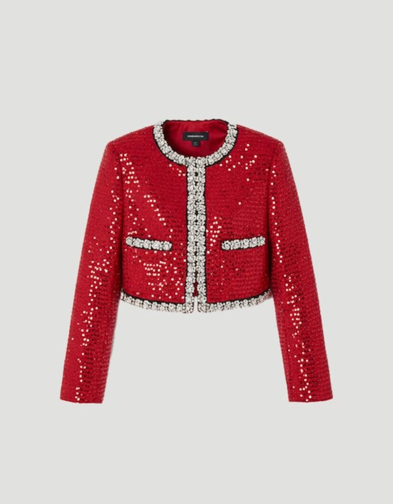 Sequin Tweed Embellished Cropped Tailored Jacket