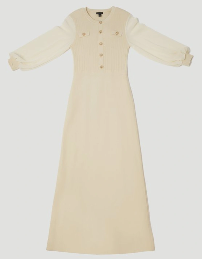 Plus Size Viscose Blend Maxi Knit Dress With Chiffon Sleeve Military Trim