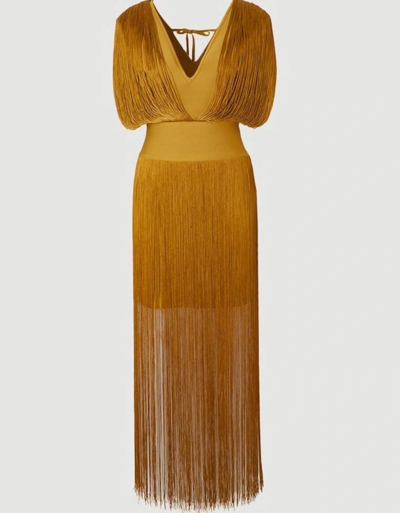 Figure Form Bandage Knit Fringe Detail Dress