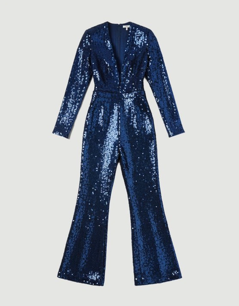 Petite Sequin Power Mesh Lace Up Detail Long Sleeve Jumpsuit