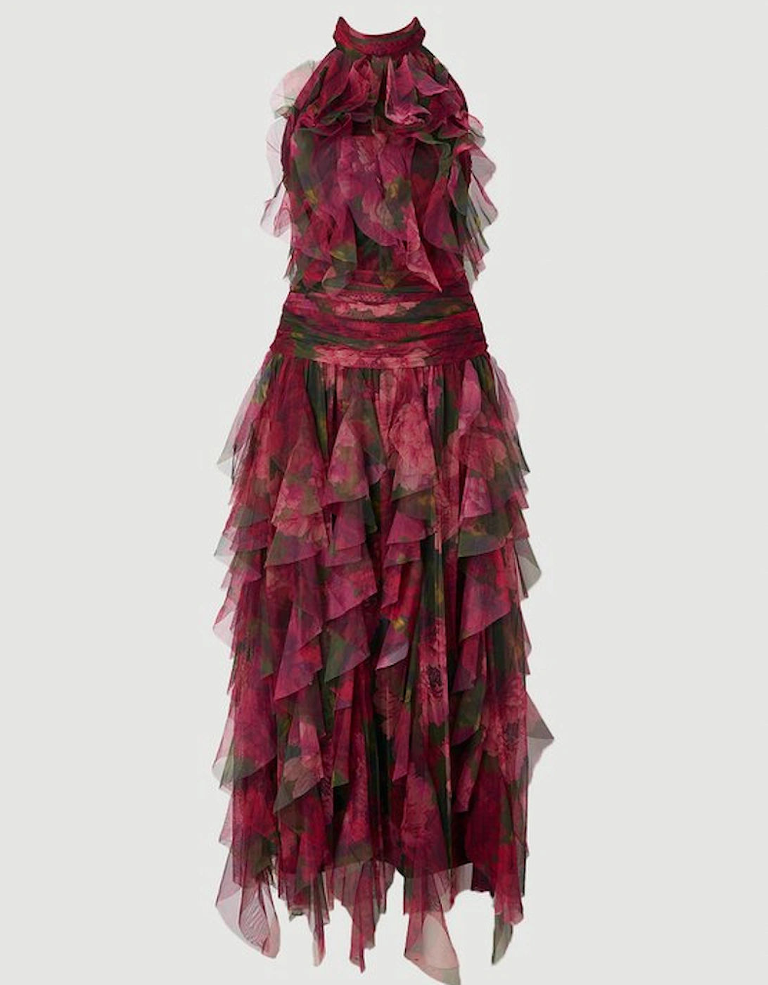 Rose Floral Tulle Halter Neck Woven Maxi Dress