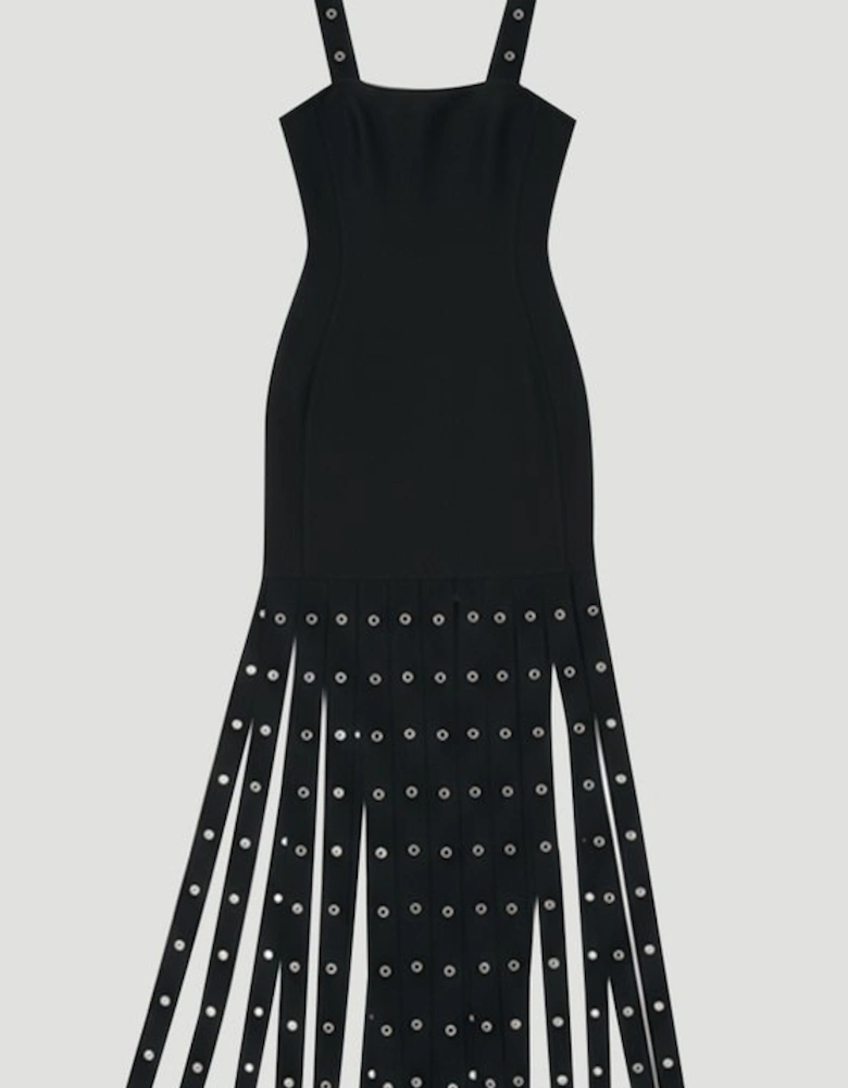 Strappy Eyelet Detail Fringe Figure Form Midi Dress