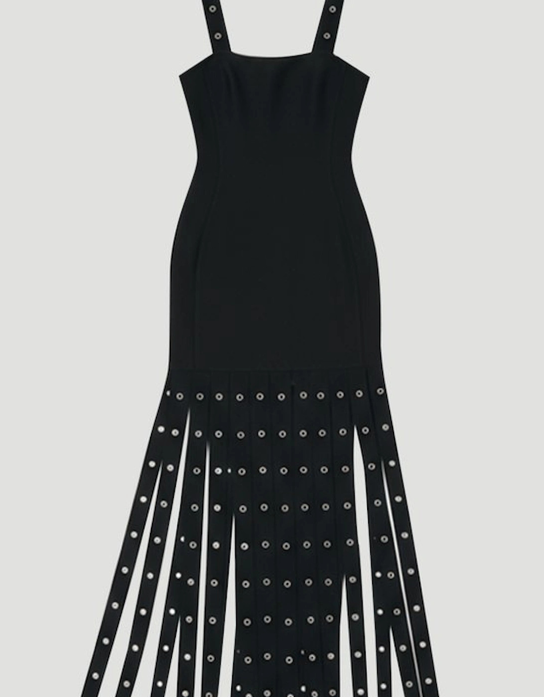 Strappy Eyelet Detail Fringe Figure Form Midi Dress