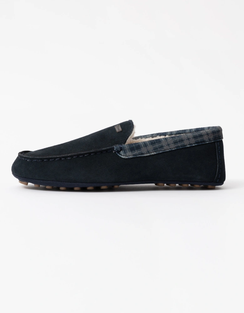 Mens Tartan Collar Moccasin Slipper - Navy