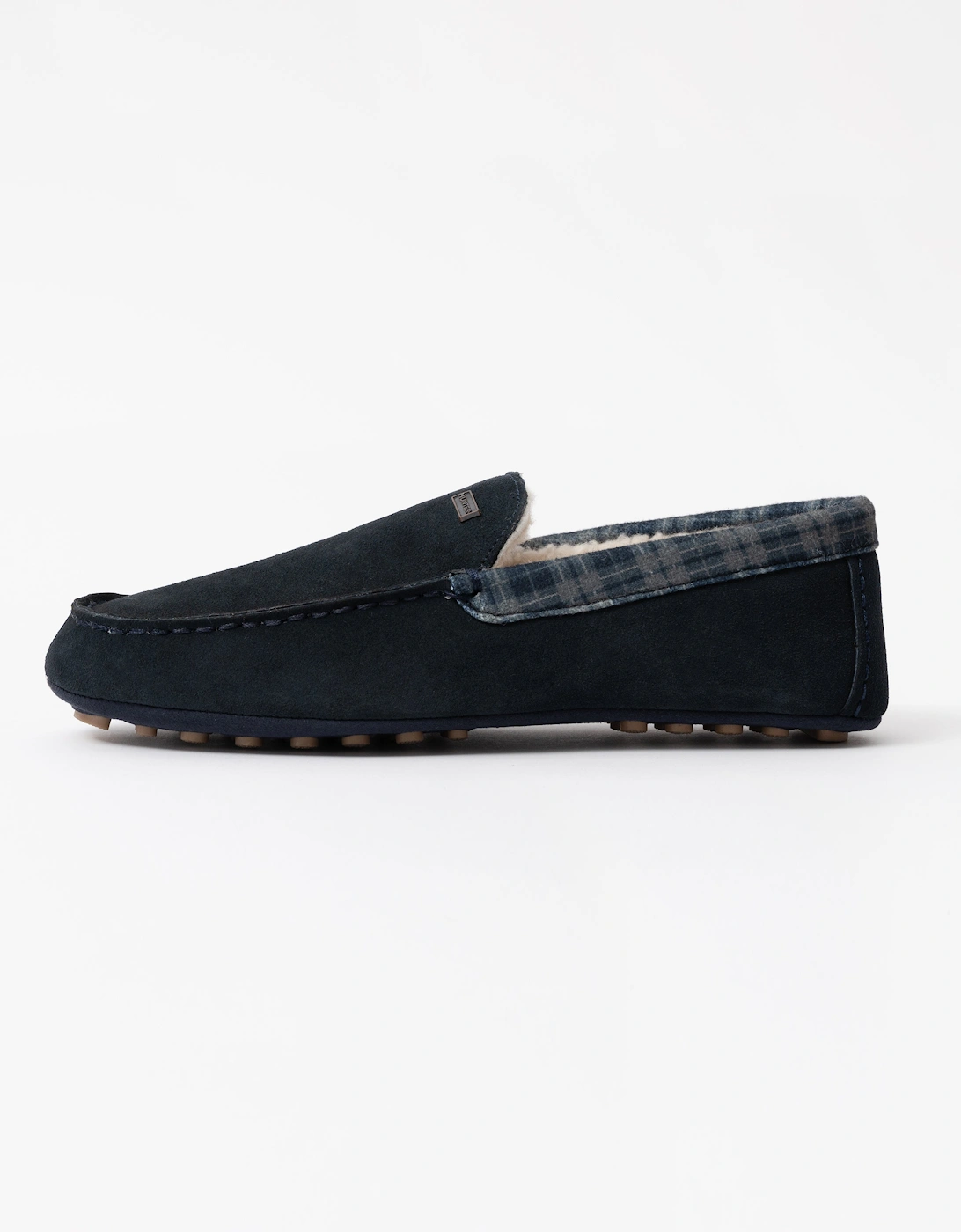 Mens Tartan Collar Moccasin Slipper - Navy