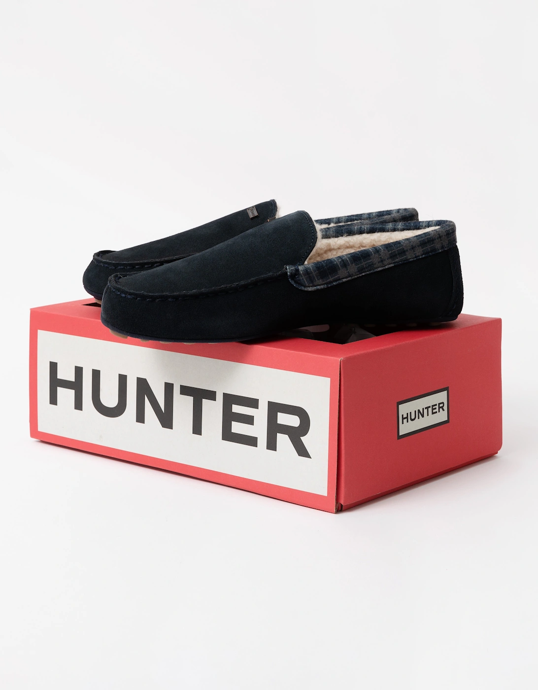 Mens Tartan Collar Moccasin Slipper - Navy