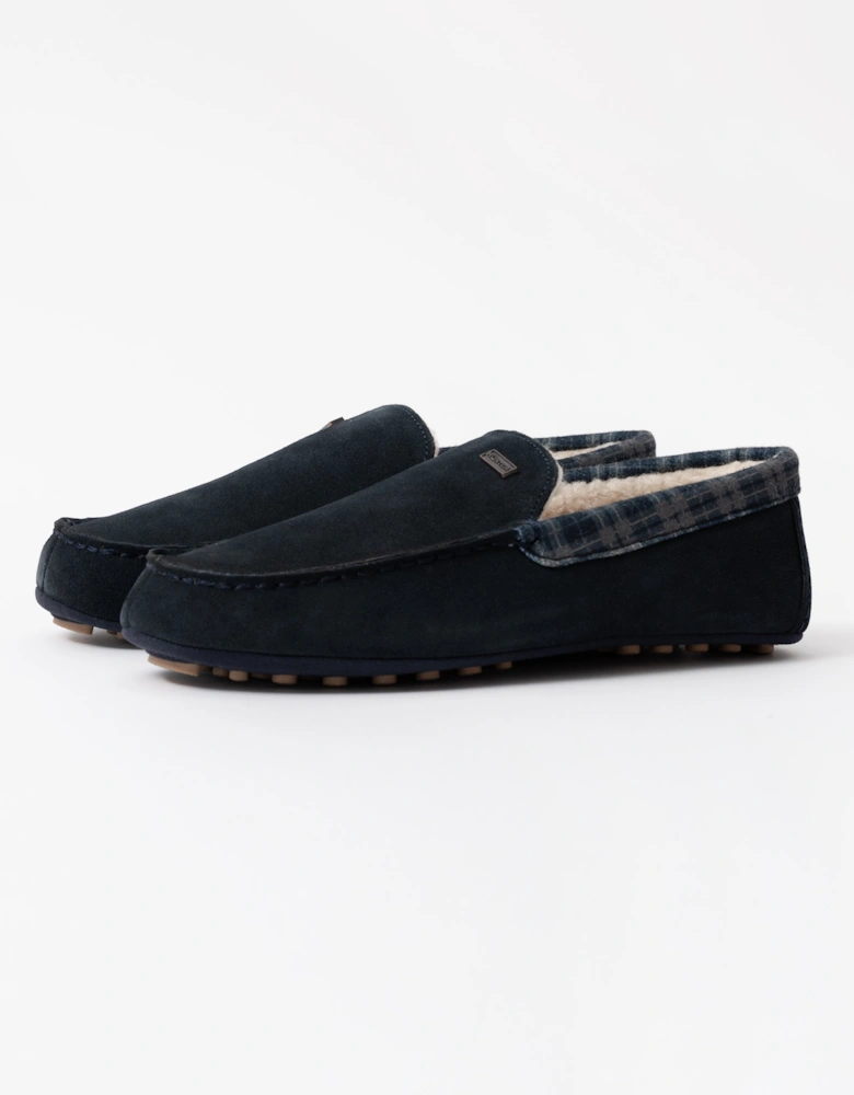 Mens Tartan Collar Moccasin Slipper - Navy