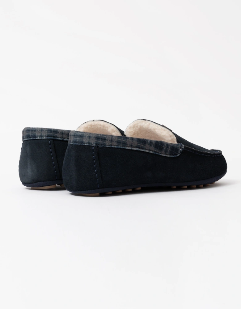 Mens Tartan Collar Moccasin Slipper - Navy