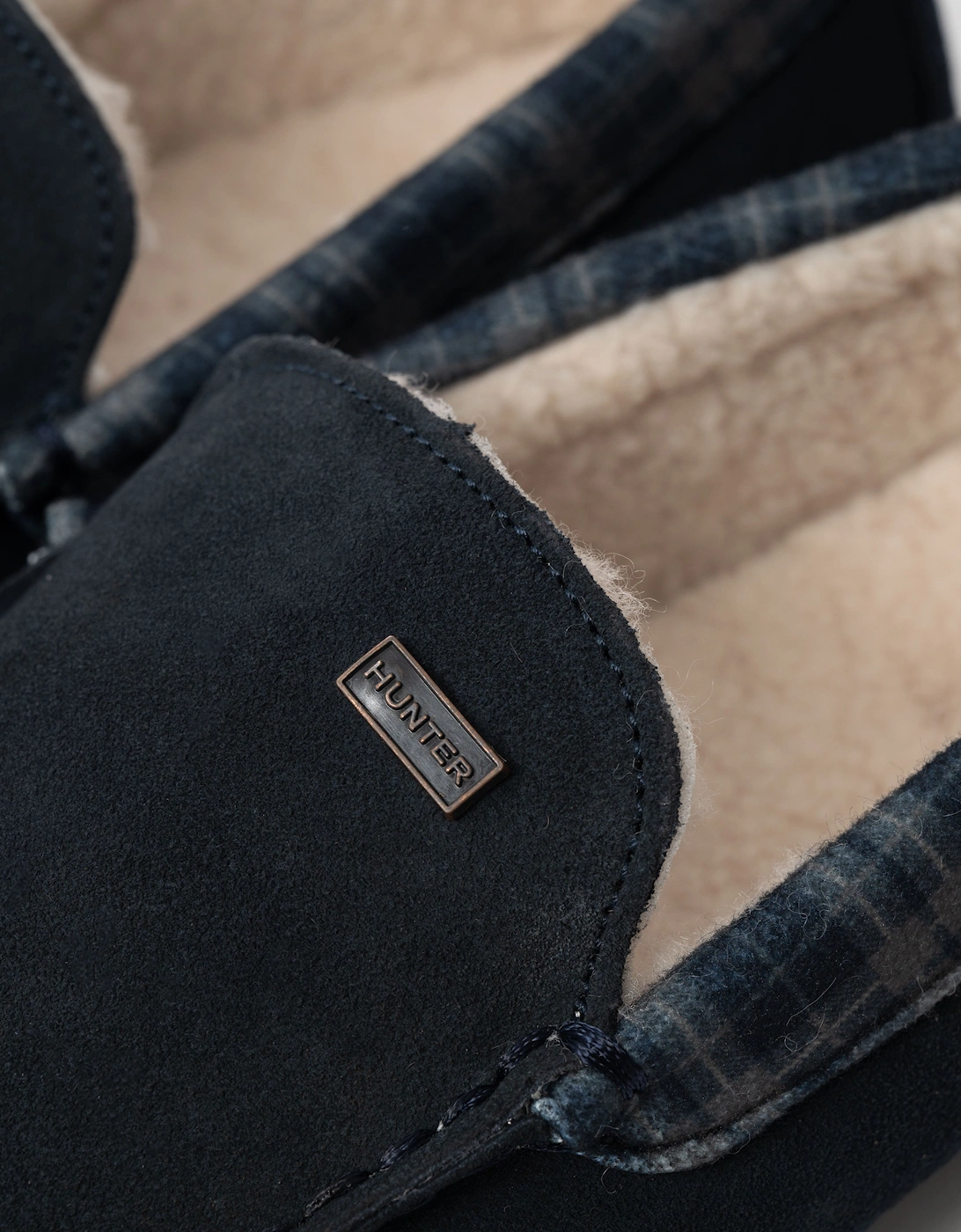 Mens Tartan Collar Moccasin Slipper - Navy