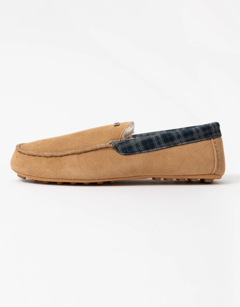 Mens Tartan Collar Moccasin Slipper - Biscuit