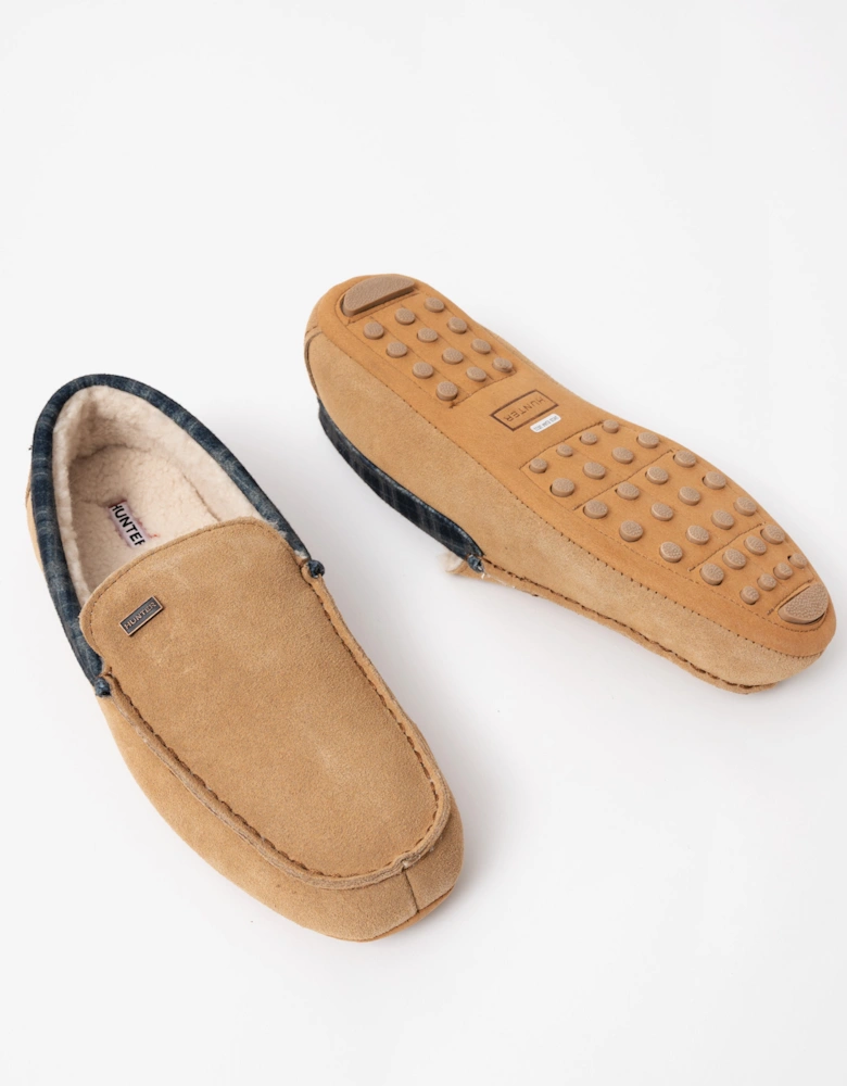 Mens Tartan Collar Moccasin Slipper - Biscuit