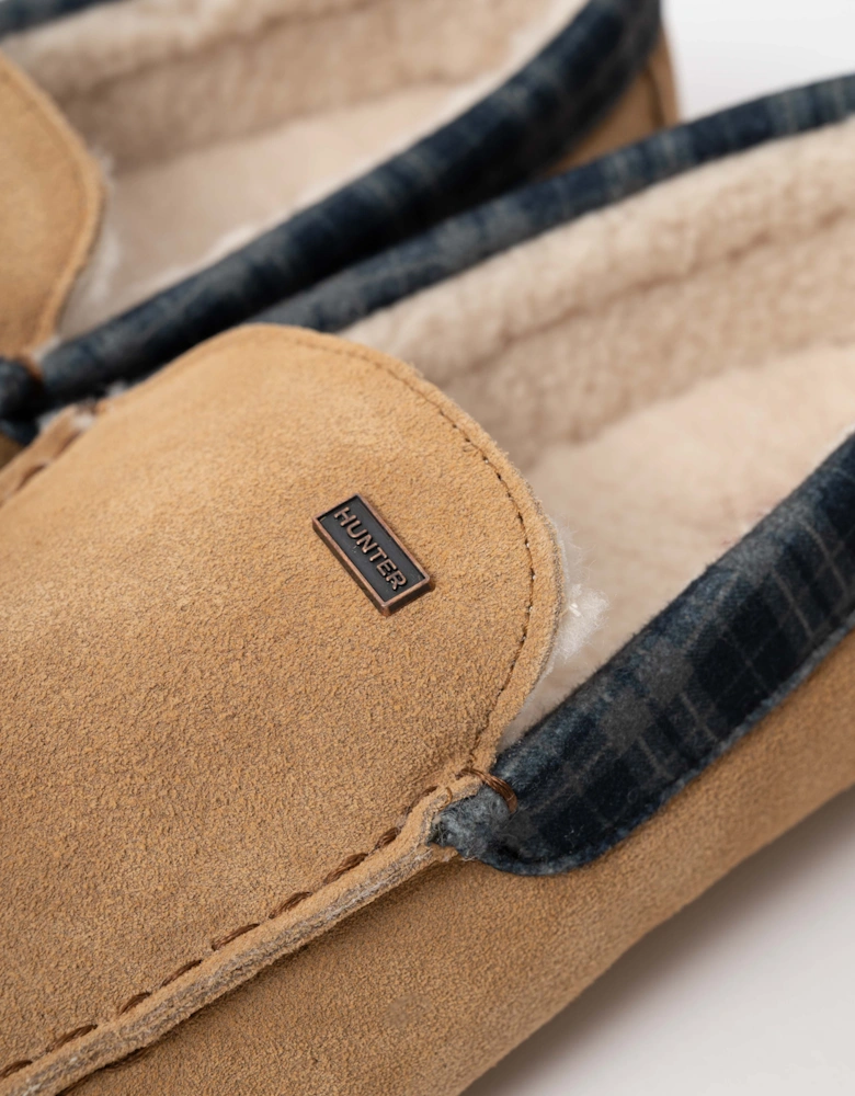 Mens Tartan Collar Moccasin Slipper - Biscuit