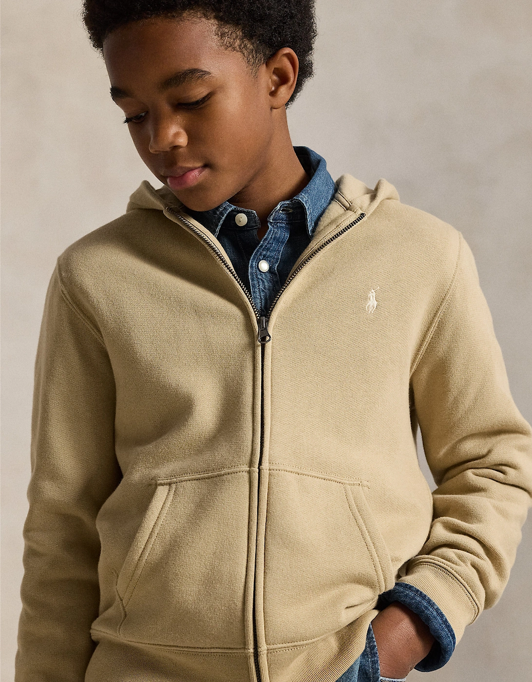 Boys Logo Zip Up Top in Beige