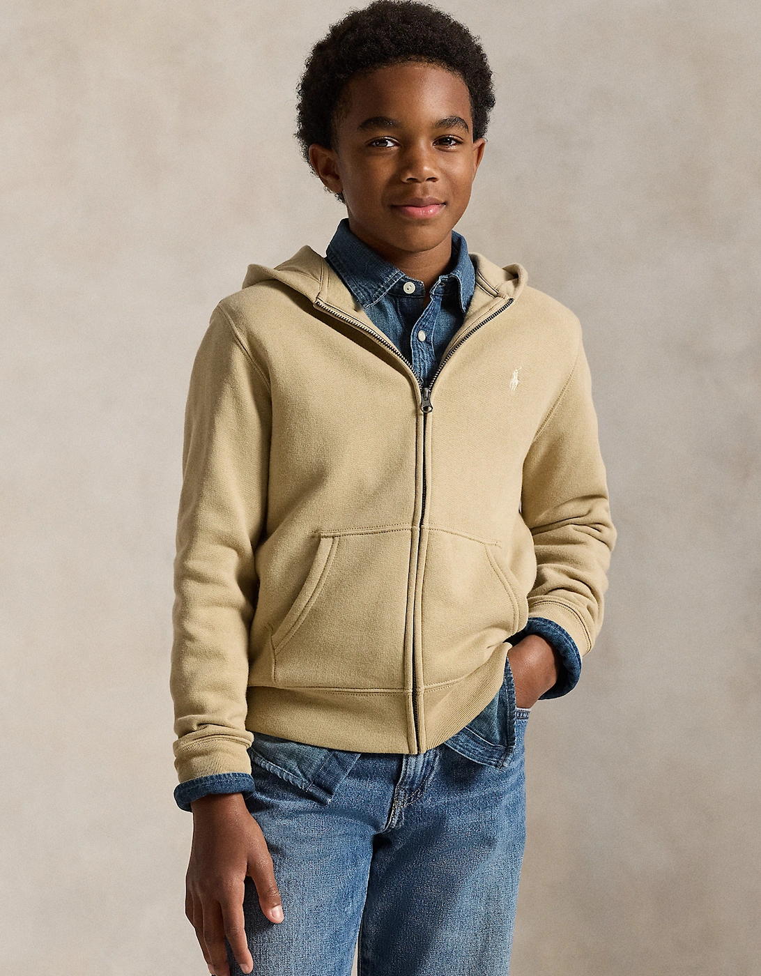 Boys Logo Zip Up Top in Beige
