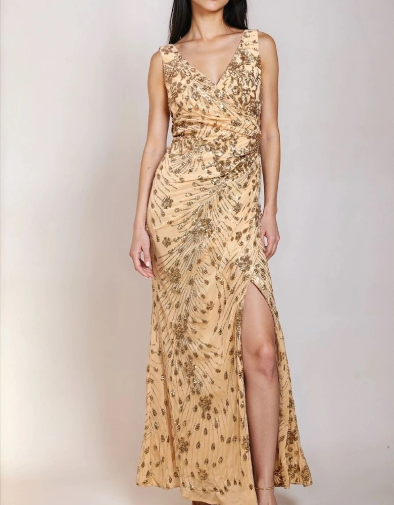 Gold Sequin Embellished Side Gather Maxi Dress