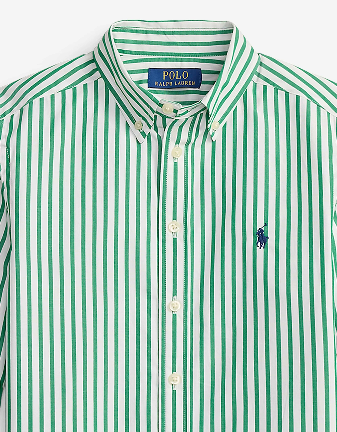 Boys Striped Poplin Shirt in Green