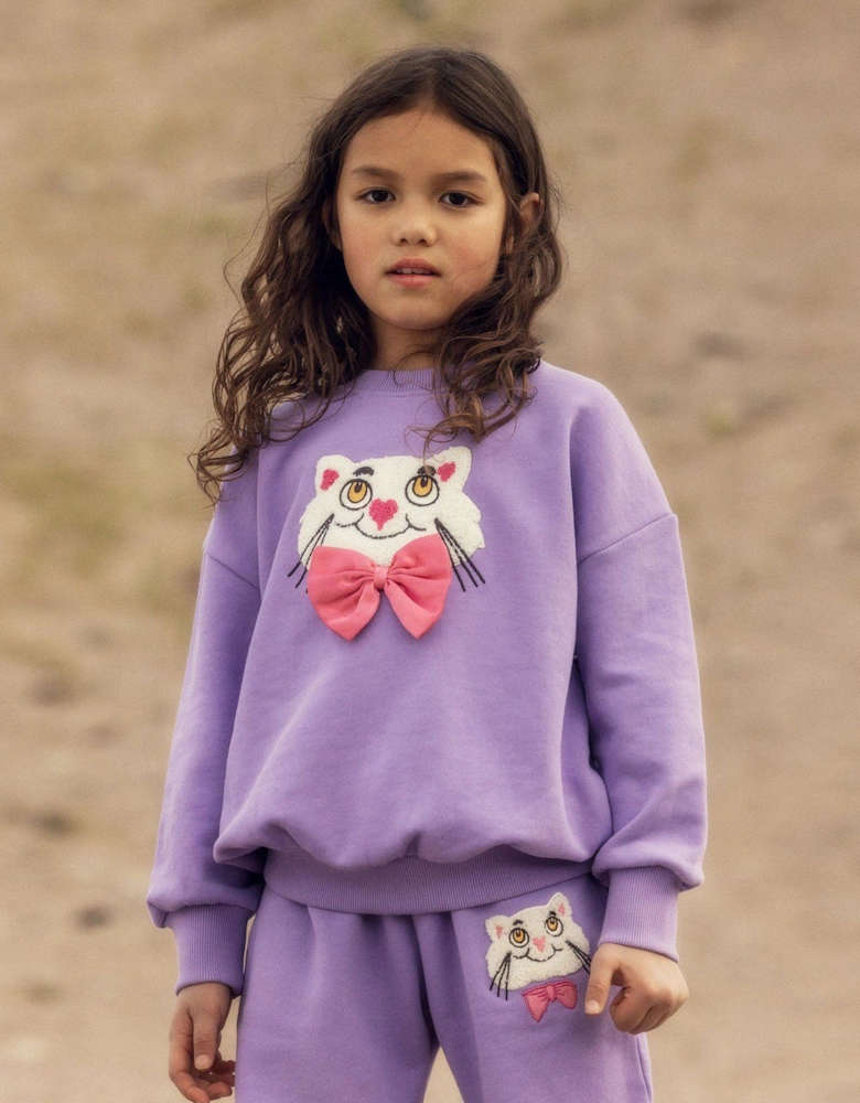 Girls Cat with Bow Tie Sweatshirt in Purple