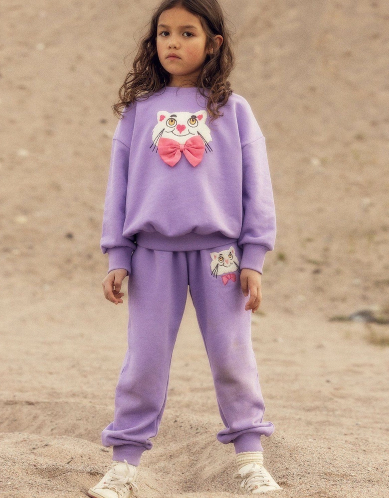 Girls Cat with Bow Tie Joggers in Purple