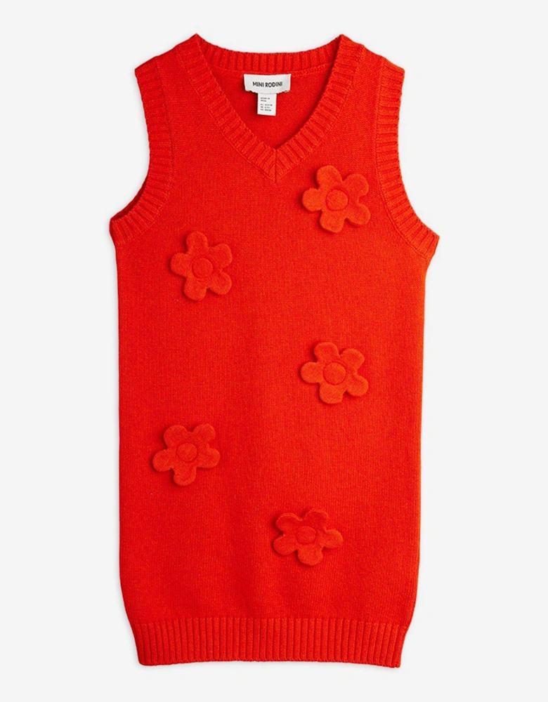 Girls Knitted Flower Vest Dress in Red