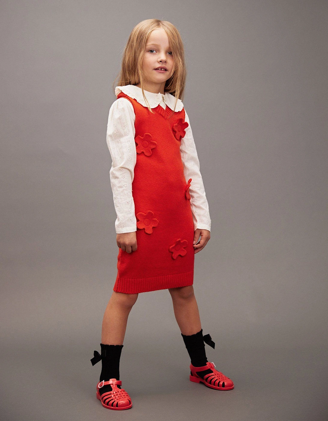 Girls Knitted Flower Vest Dress in Red