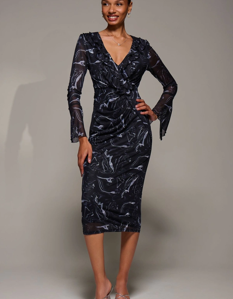 Ruffle V-Neckline Mesh Bodycon Midaxi Dress