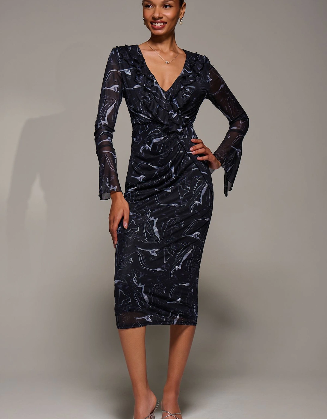 Ruffle V-Neckline Mesh Bodycon Midaxi Dress, 2 of 1