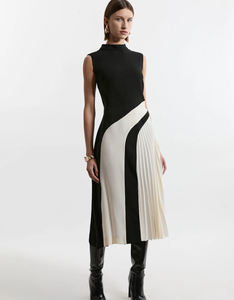 Petite Fluid Tailored Colourblock High Neck Pleated Midi Dress
