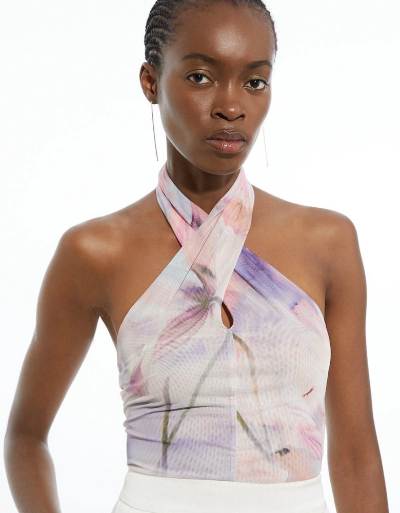 Printed Mesh Cross Neck Bodysuit