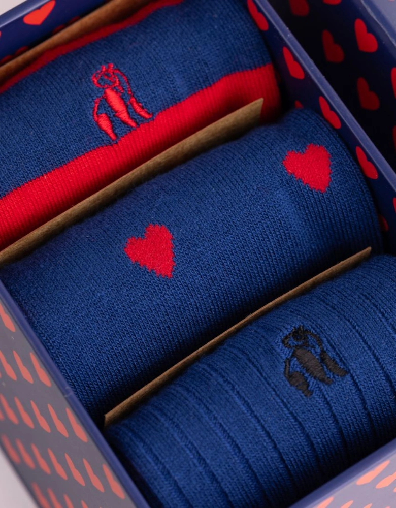 3-Pack Love Hearts Bamboo Socks Gift Box, Blue/red