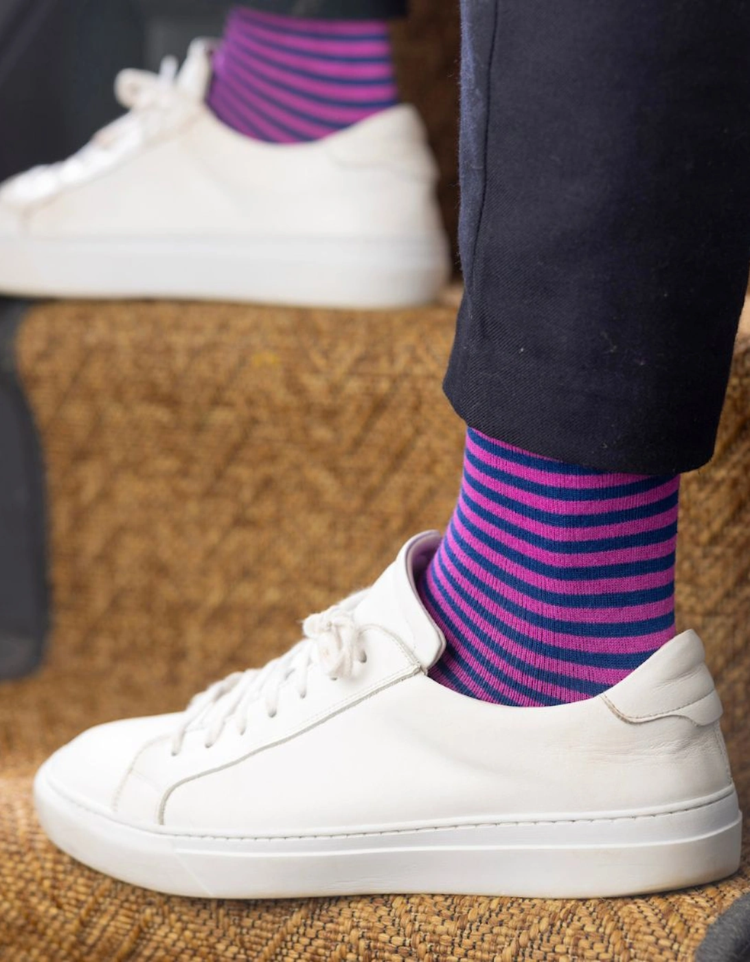 Narrow Stripe Bamboo Socks, Pink/navy