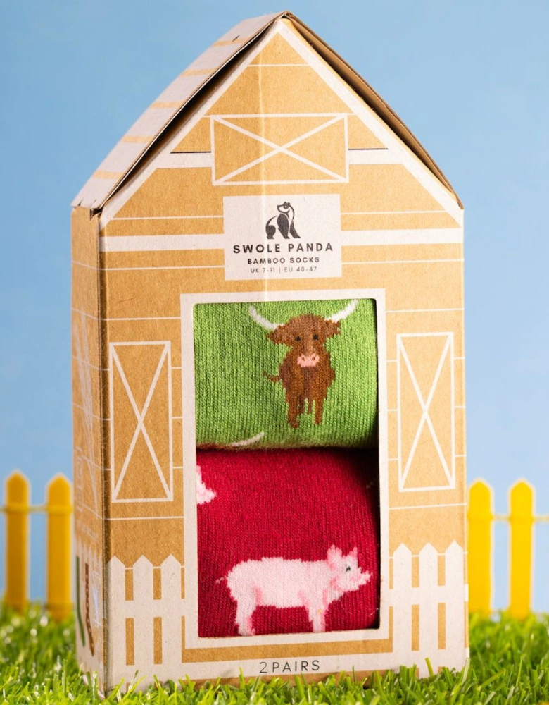 2-Pack Highland Cows & Pigs Bamboo Socks Gift Box, Red/Green