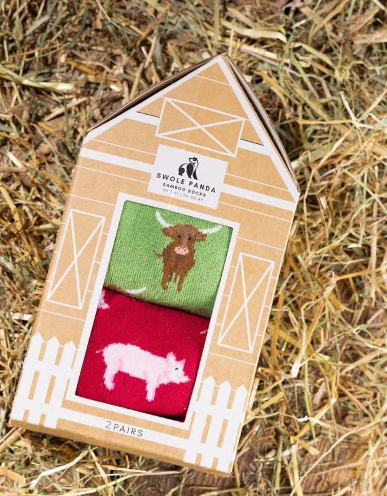 2-Pack Highland Cows & Pigs Bamboo Socks Gift Box, Red/Green