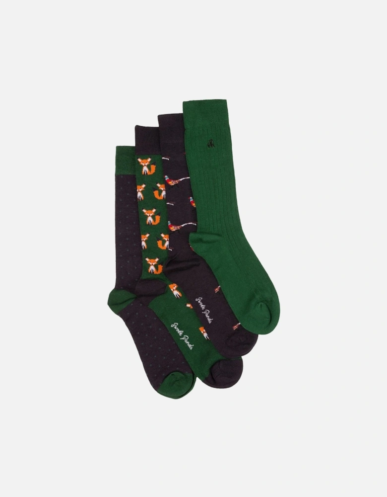 4-Pack Bundle Foxes & Pheasants Bamboo Socks, Green/Navy