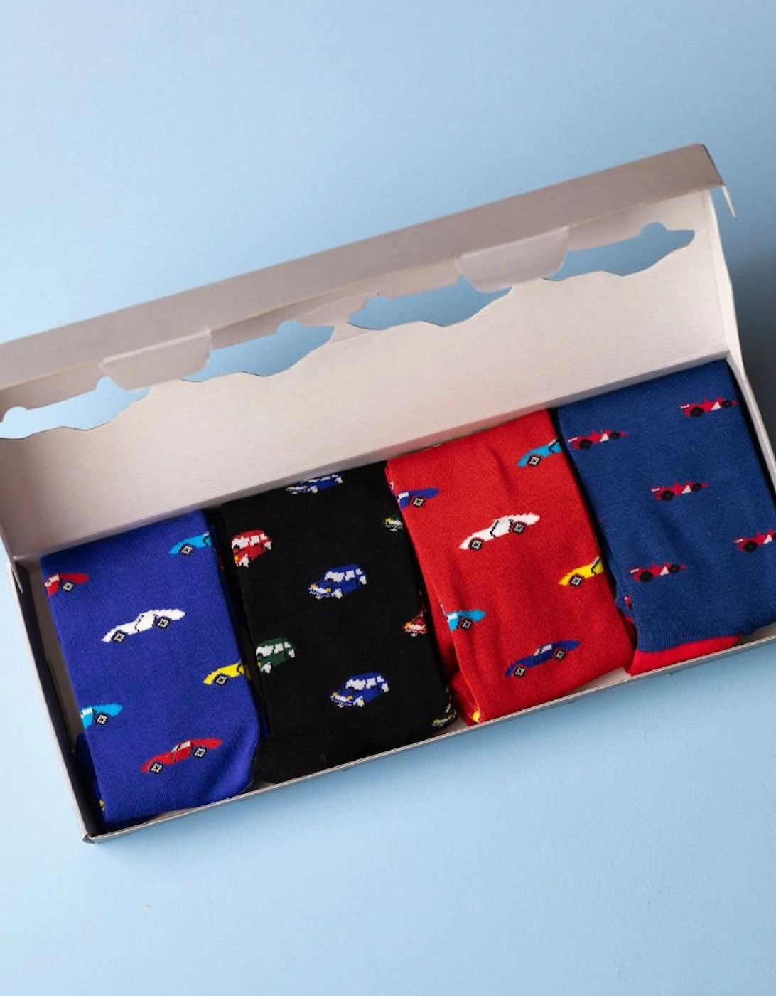 4-Pack Racing Cars Bamboo Socks Gift Box, Red/Black/Blue