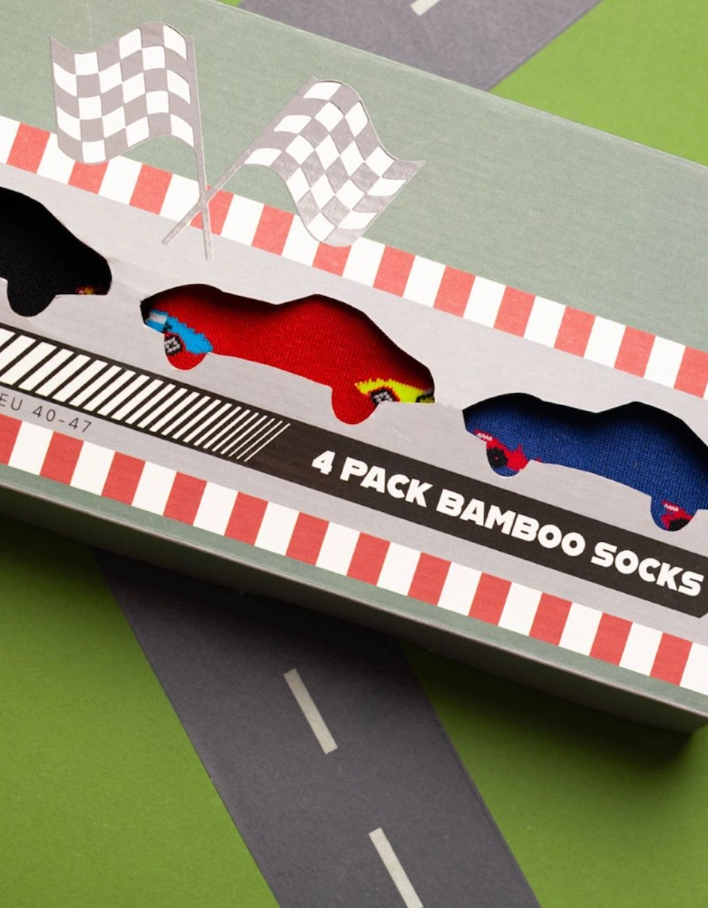 4-Pack Racing Cars Bamboo Socks Gift Box, Red/Black/Blue