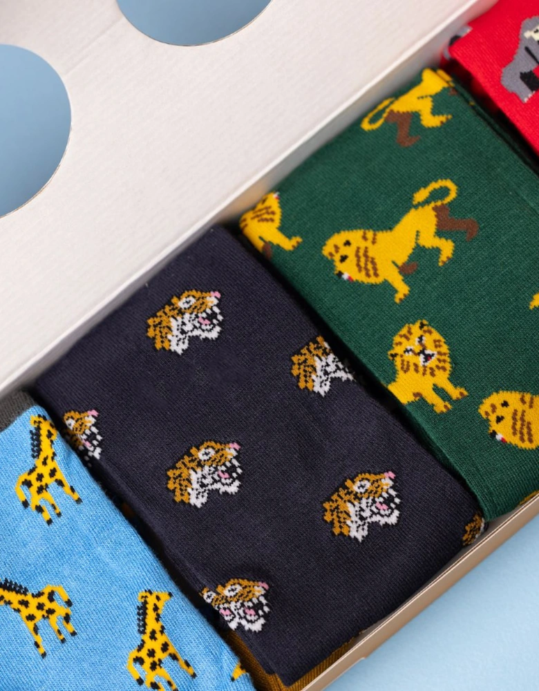 4-Pack Zoo Animals Bamboo Socks Gift Box, Red/Green/Blue/Navy