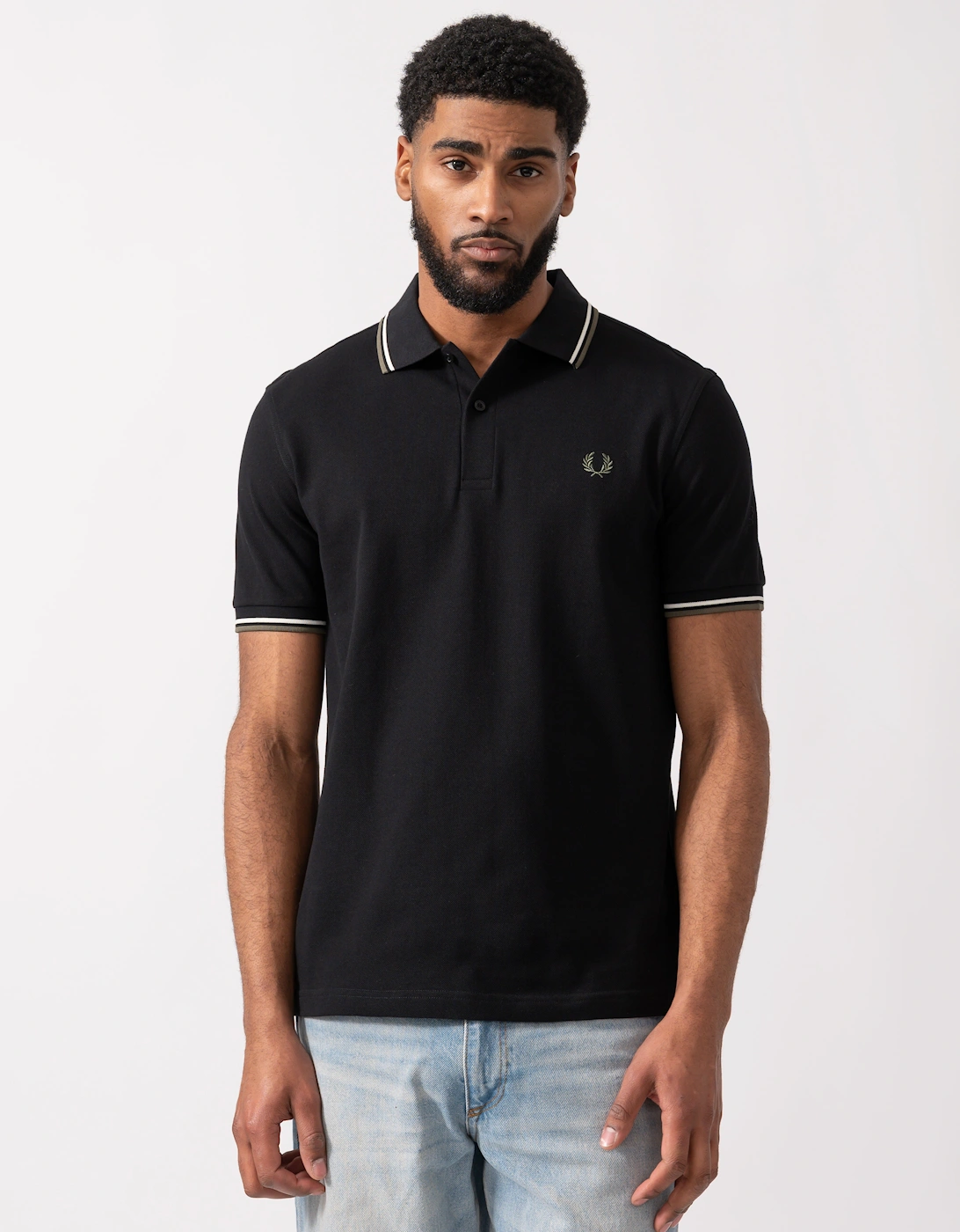 Fred Perry Men's Fred Perry Mens Twin Tipped Signature Polo Shirt - Black/Ecru/Laurel Wreath Green W54
