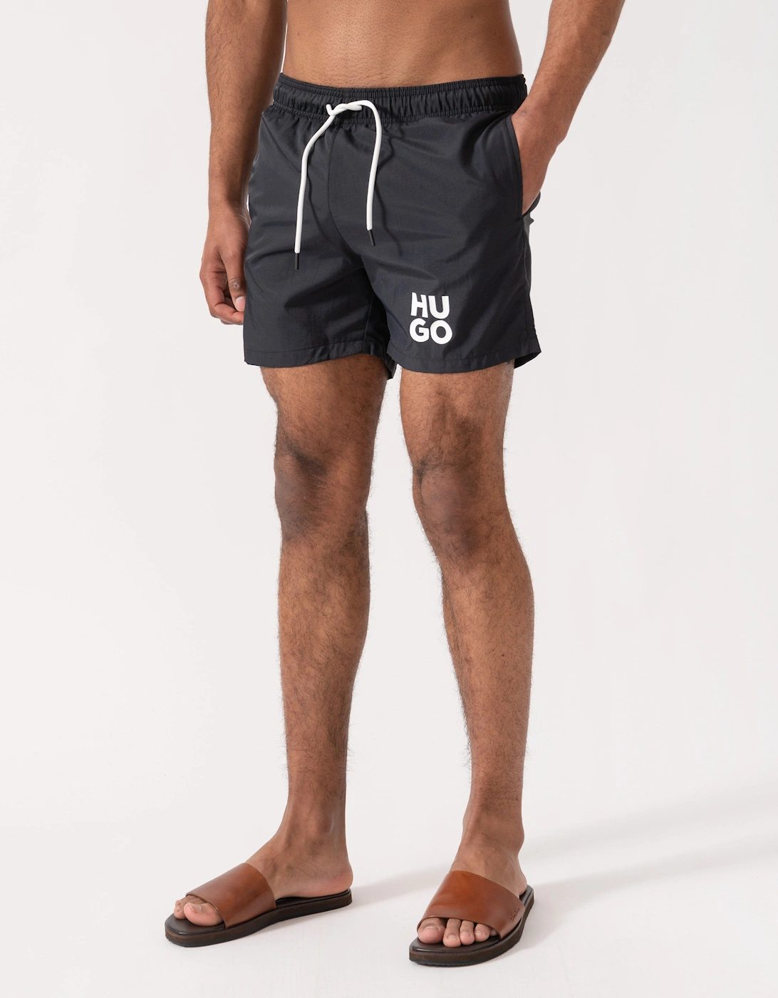 HUGO Mens Paolo Swim Shorts with Stacked Logo Print  - Black 001, 5 of 4