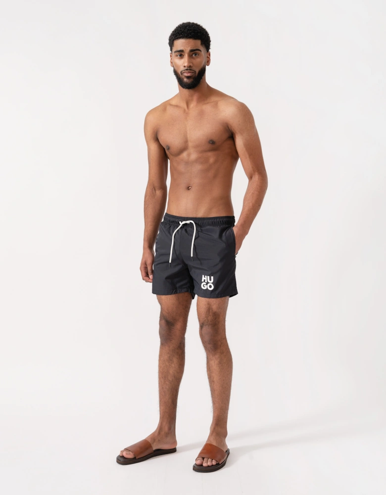 HUGO Mens Paolo Swim Shorts with Stacked Logo Print  - Black 001