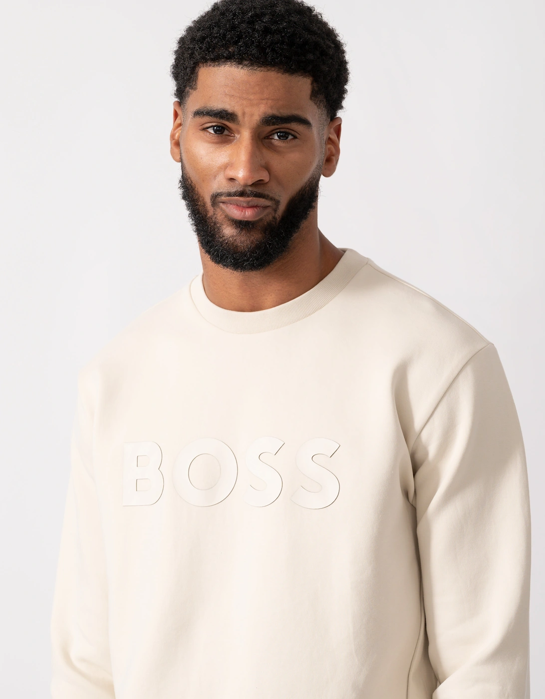 BOSS Green Salbo Mens Stretch-Cotton Sweatshirt with Sandwich Print Logo - Open White 131