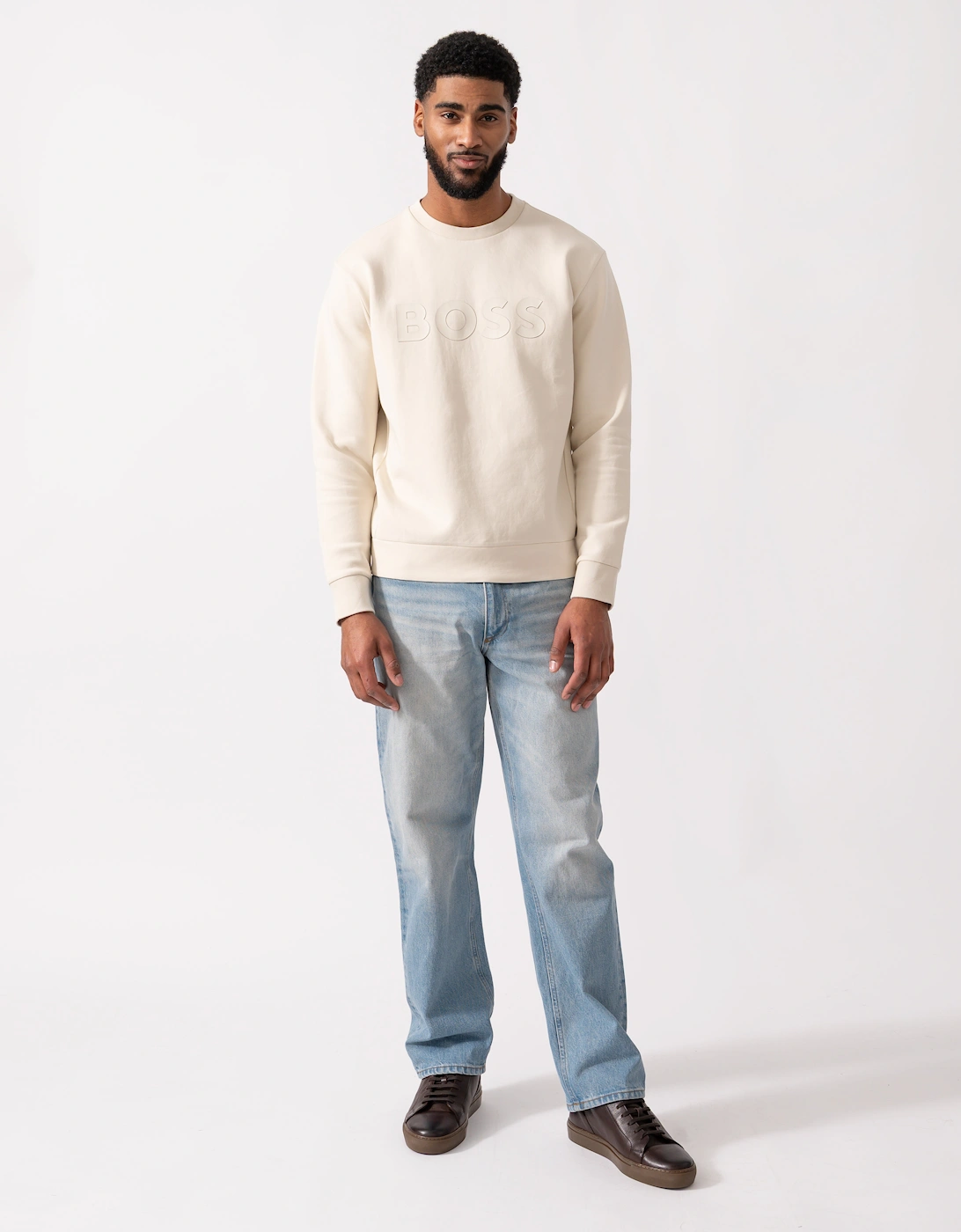 BOSS Green Salbo Mens Stretch-Cotton Sweatshirt with Sandwich Print Logo - Open White 131