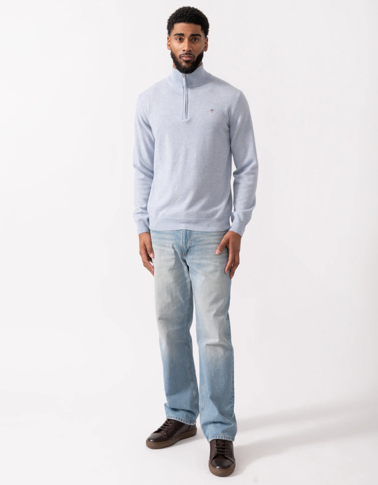 Mens Superfine Lambswool Half Zip Cardigan - 498 Ice Blue Melange